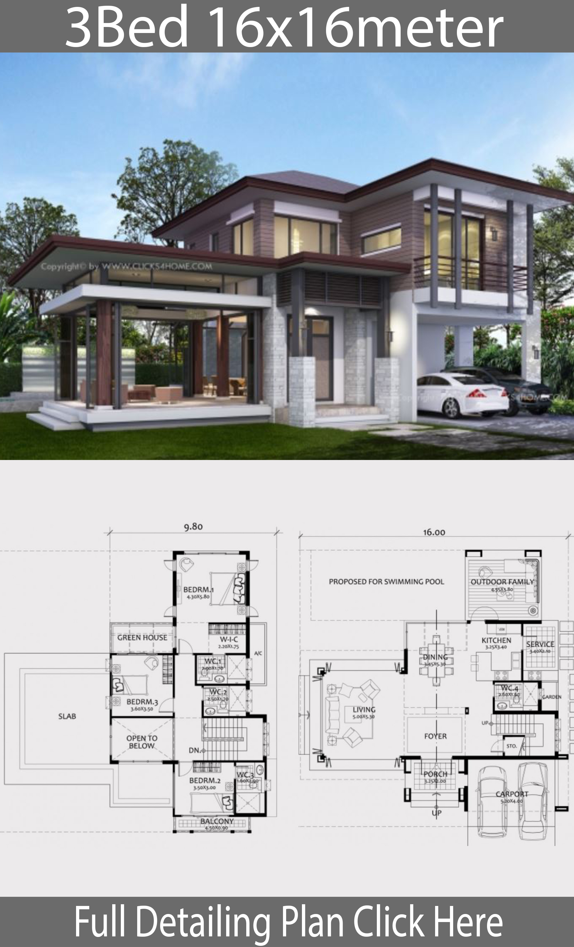 Home design plan 16x16m with 3 bedrooms - House Plans 3D