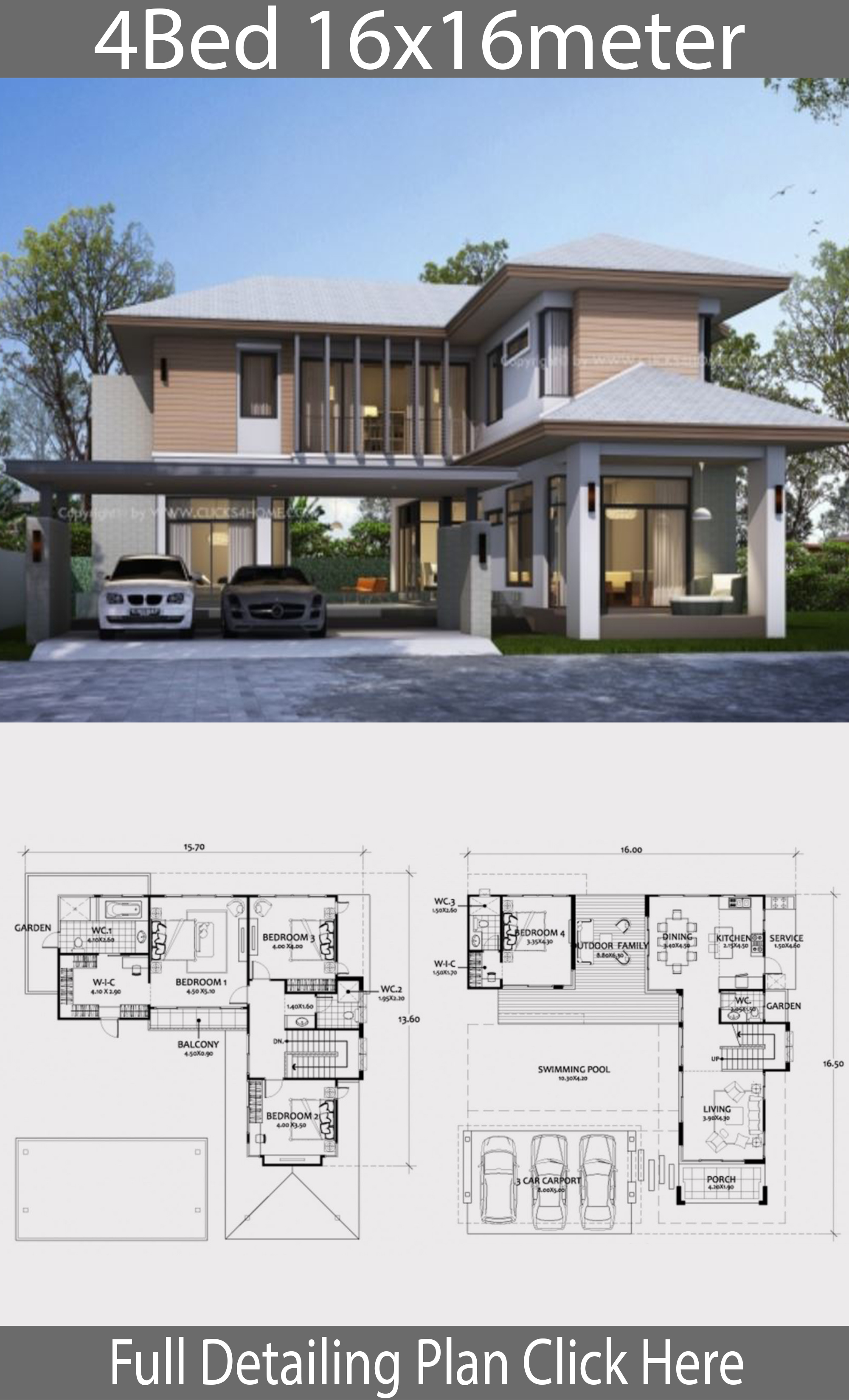 Home Design Plan 16x16m With 4 Bedrooms - Home Ideas