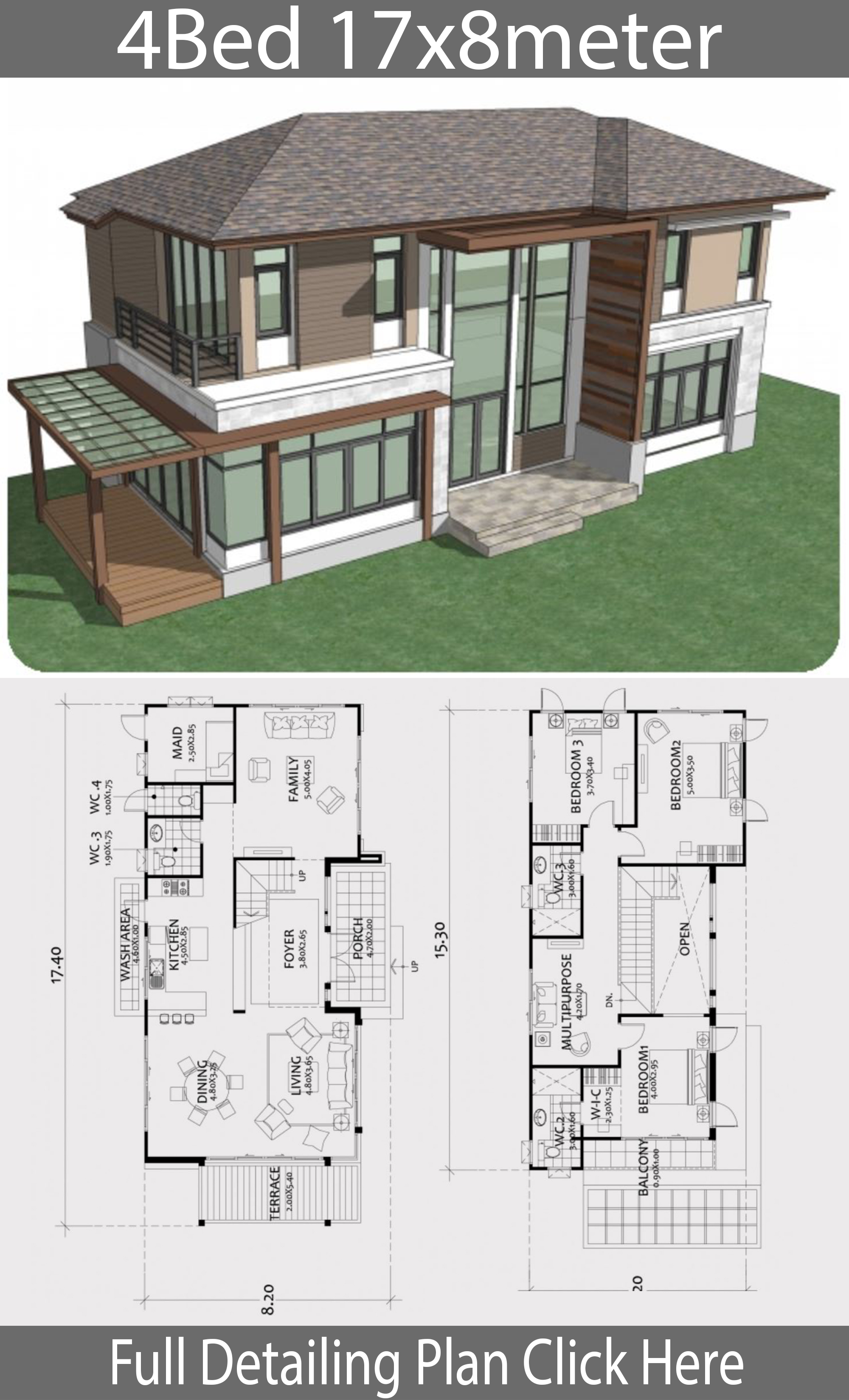 Home design plan 17x8m with 4 bedrooms House Plans 3D