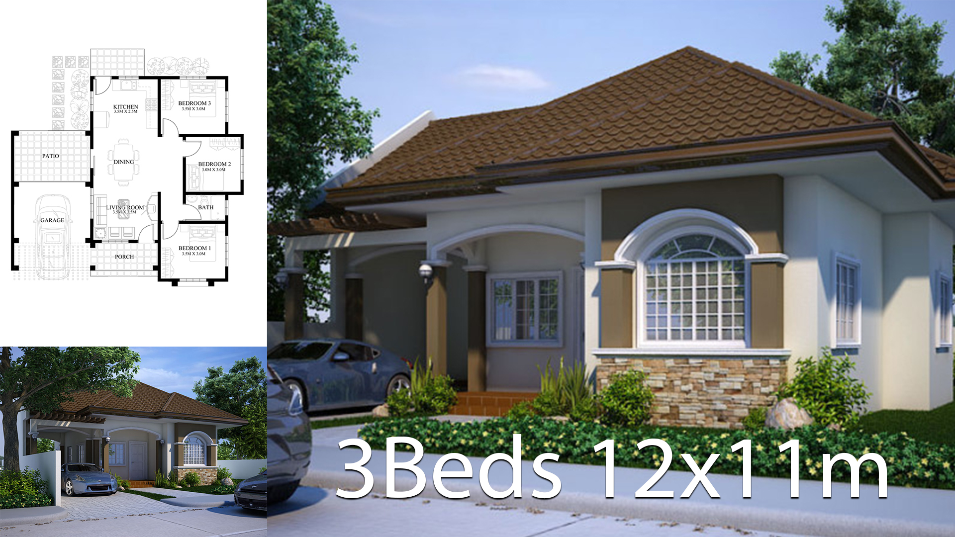 Small house design plan 11x12m with 3 bedrooms