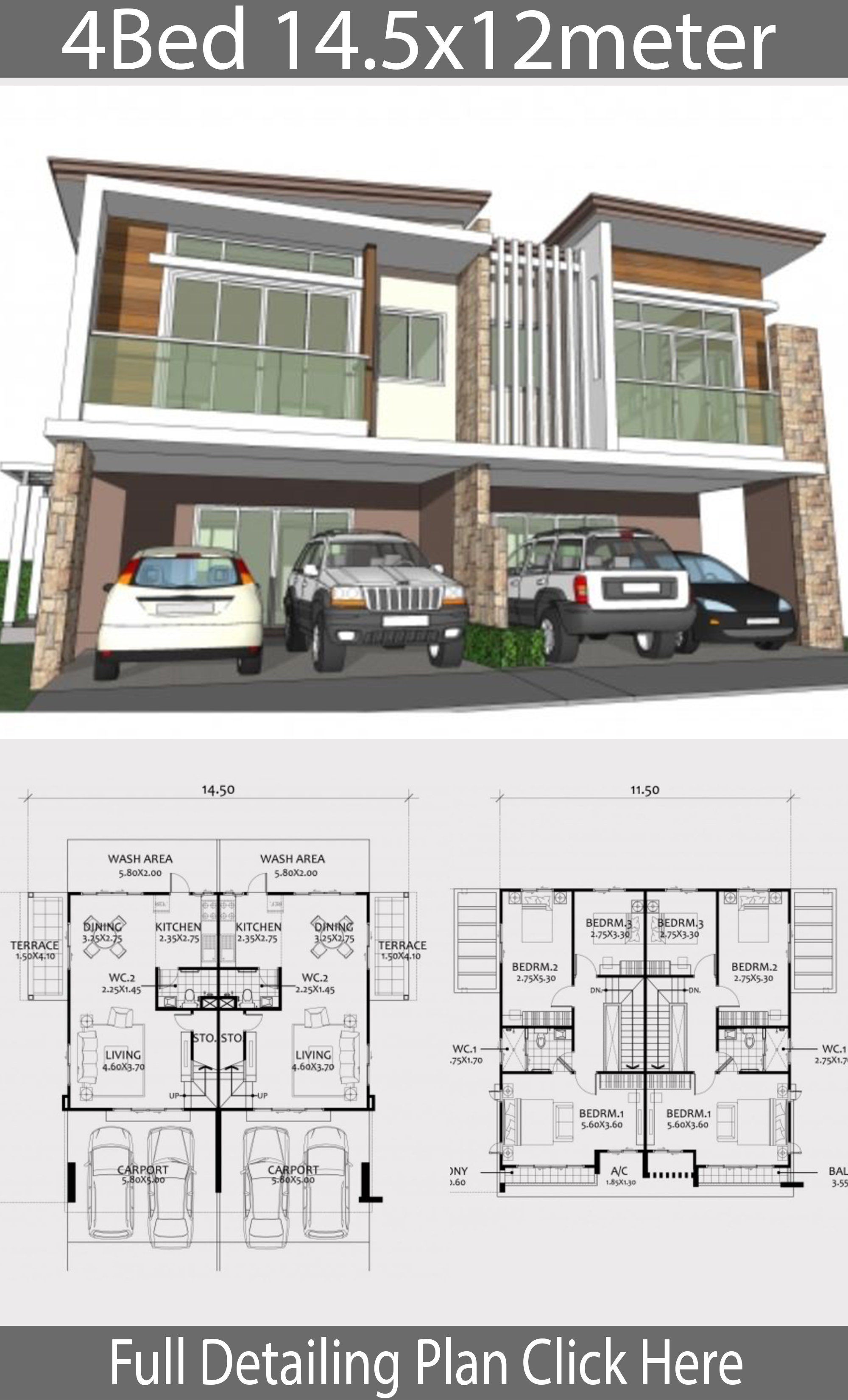 Twin house design plan 14.5x12m with 6 bedrooms House