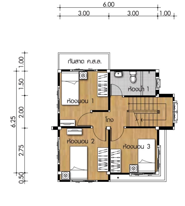 Small House Plan 6x6.25m with 3 bedrooms - House Plans 3D