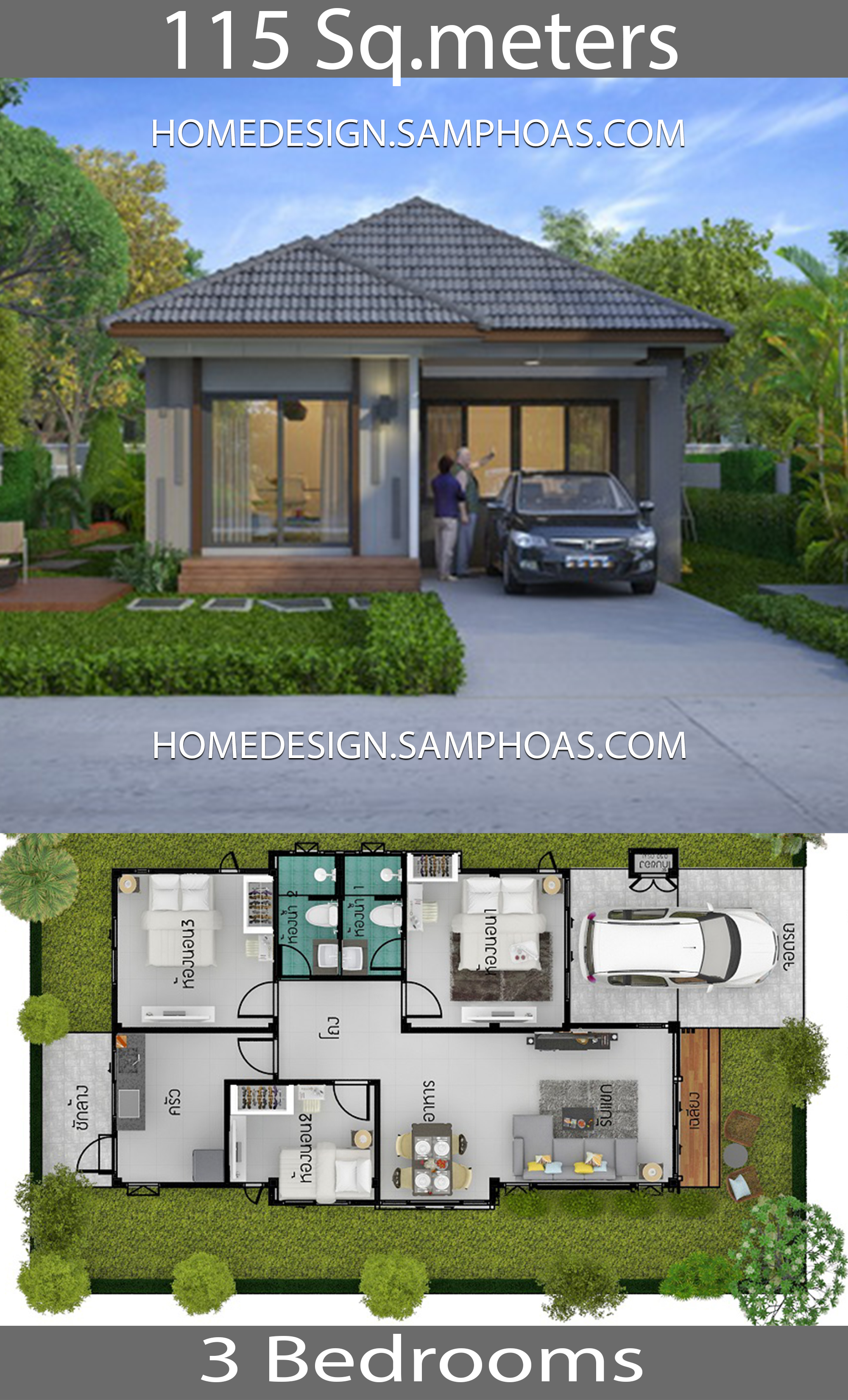 115 sqm 3 bedrooms home design idea - house plans 3d