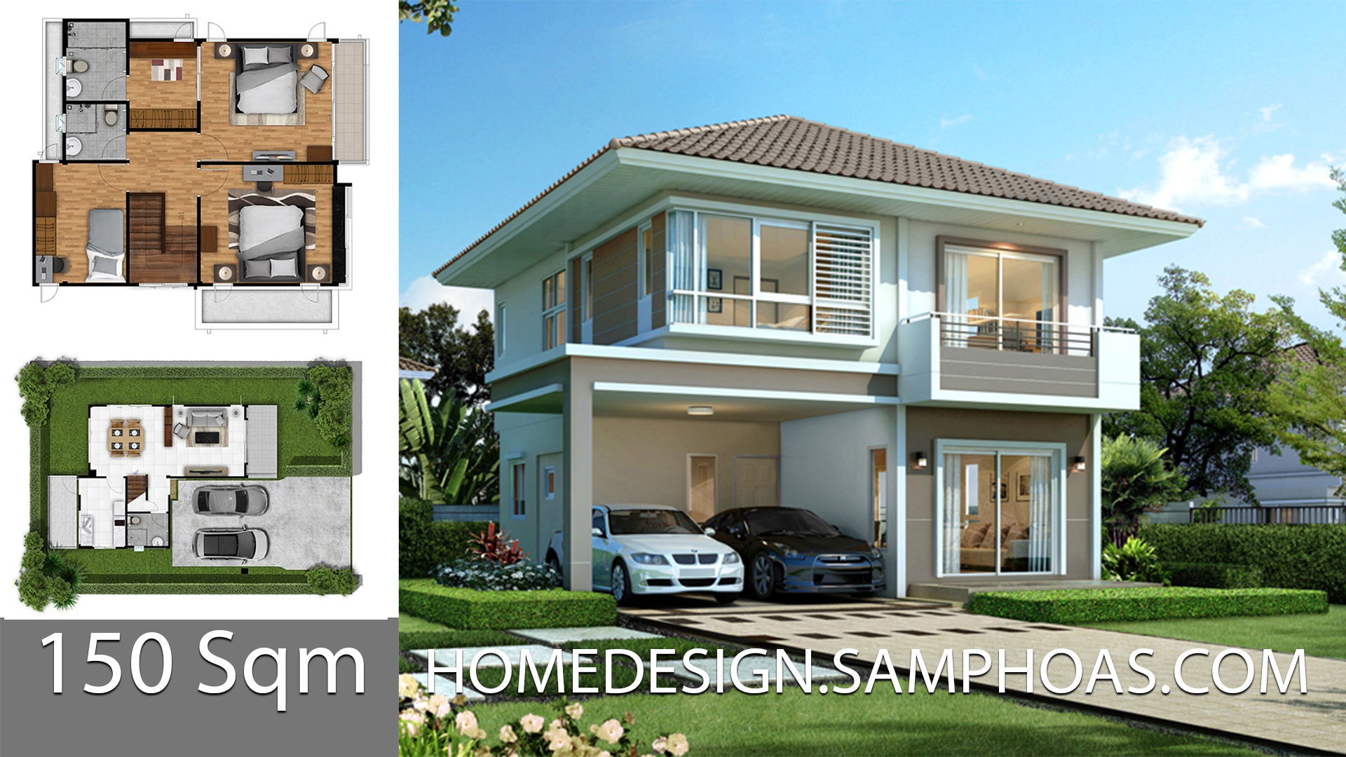 150 Sqm Home design Plans with 3 bedrooms - House Plans 3D