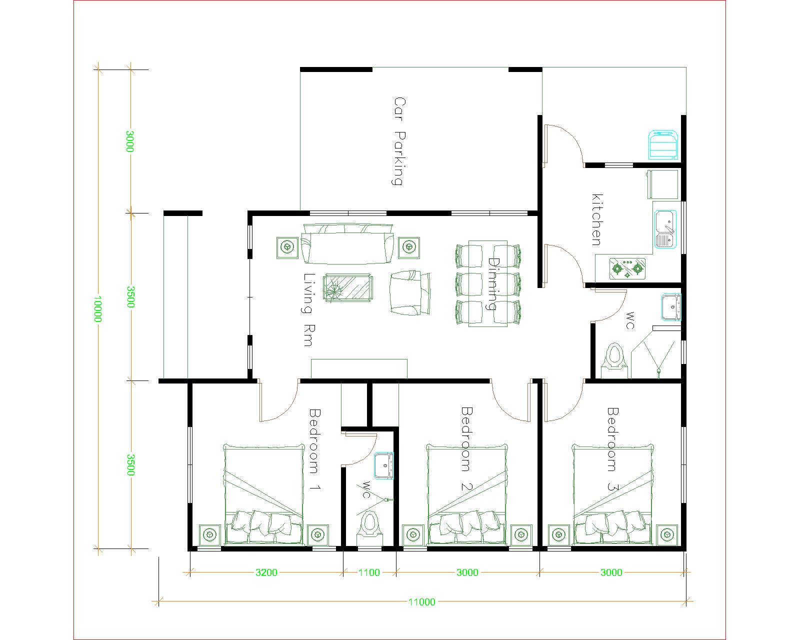 House Plans Design 10x11 with 3 Bedrooms - House Plan Map