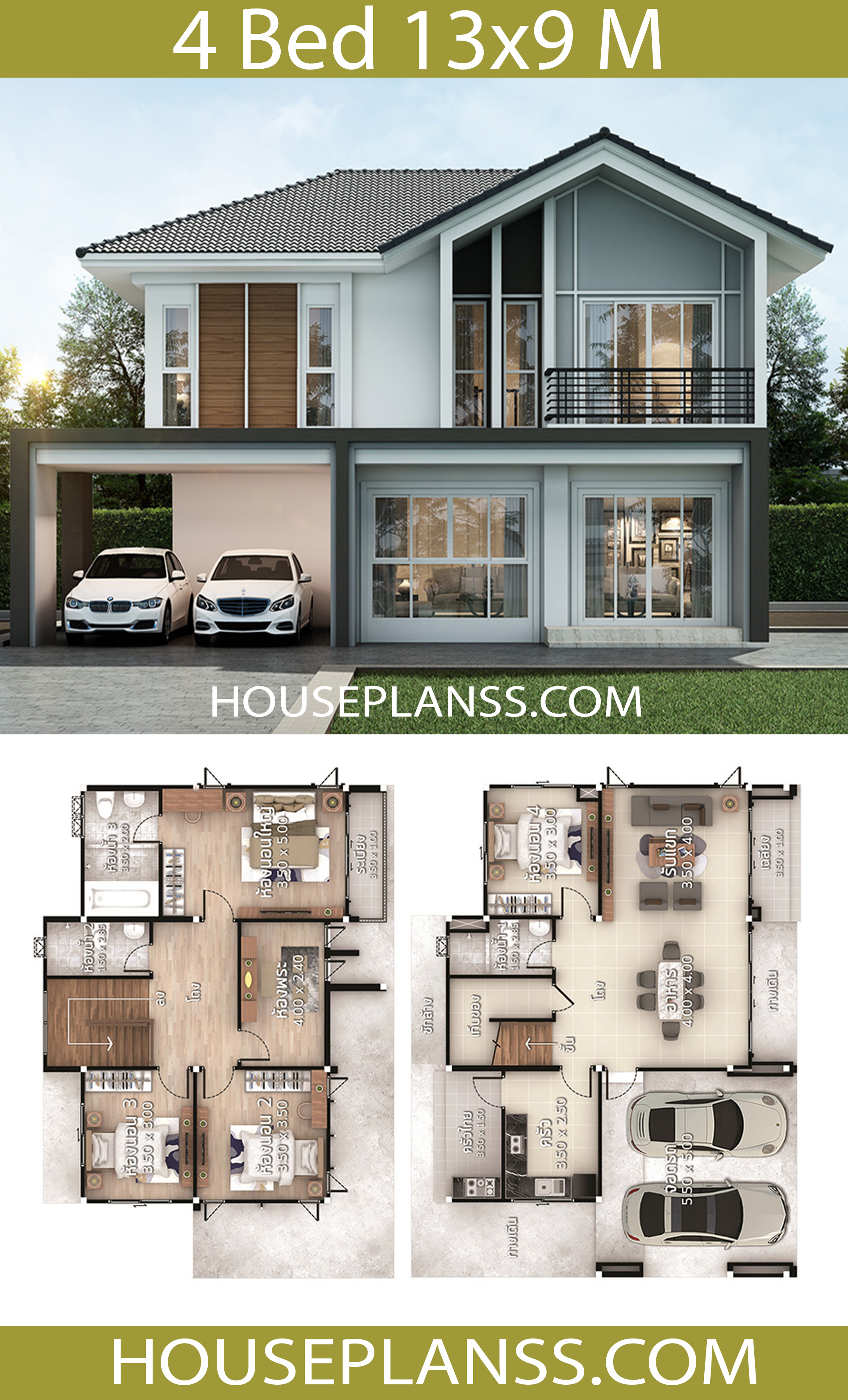 House Plans Idea 13x9 with 4 bedrooms - House Plans 3D