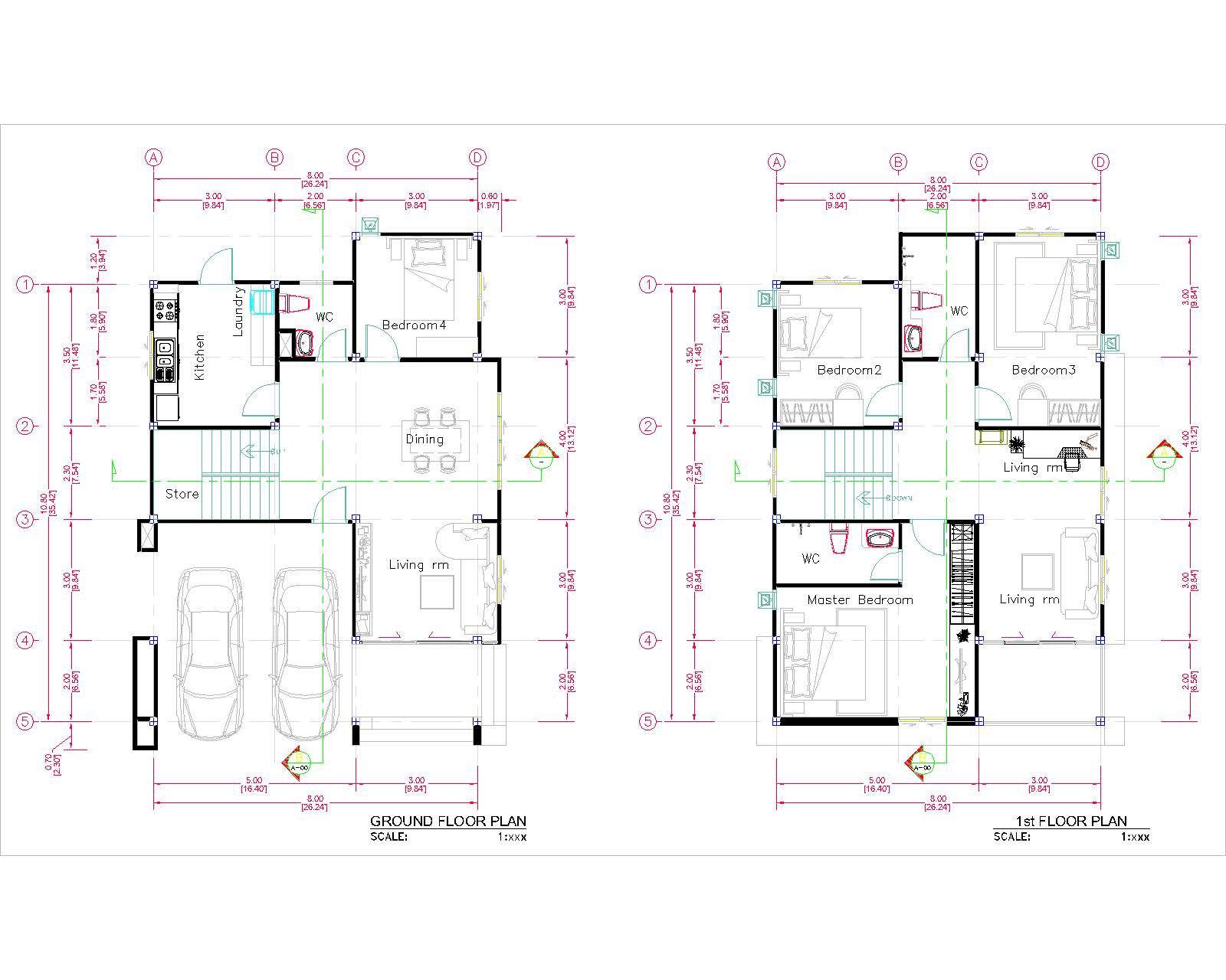 27x40 House Plans 8x10 Meters 4 Bedrooms floor plan