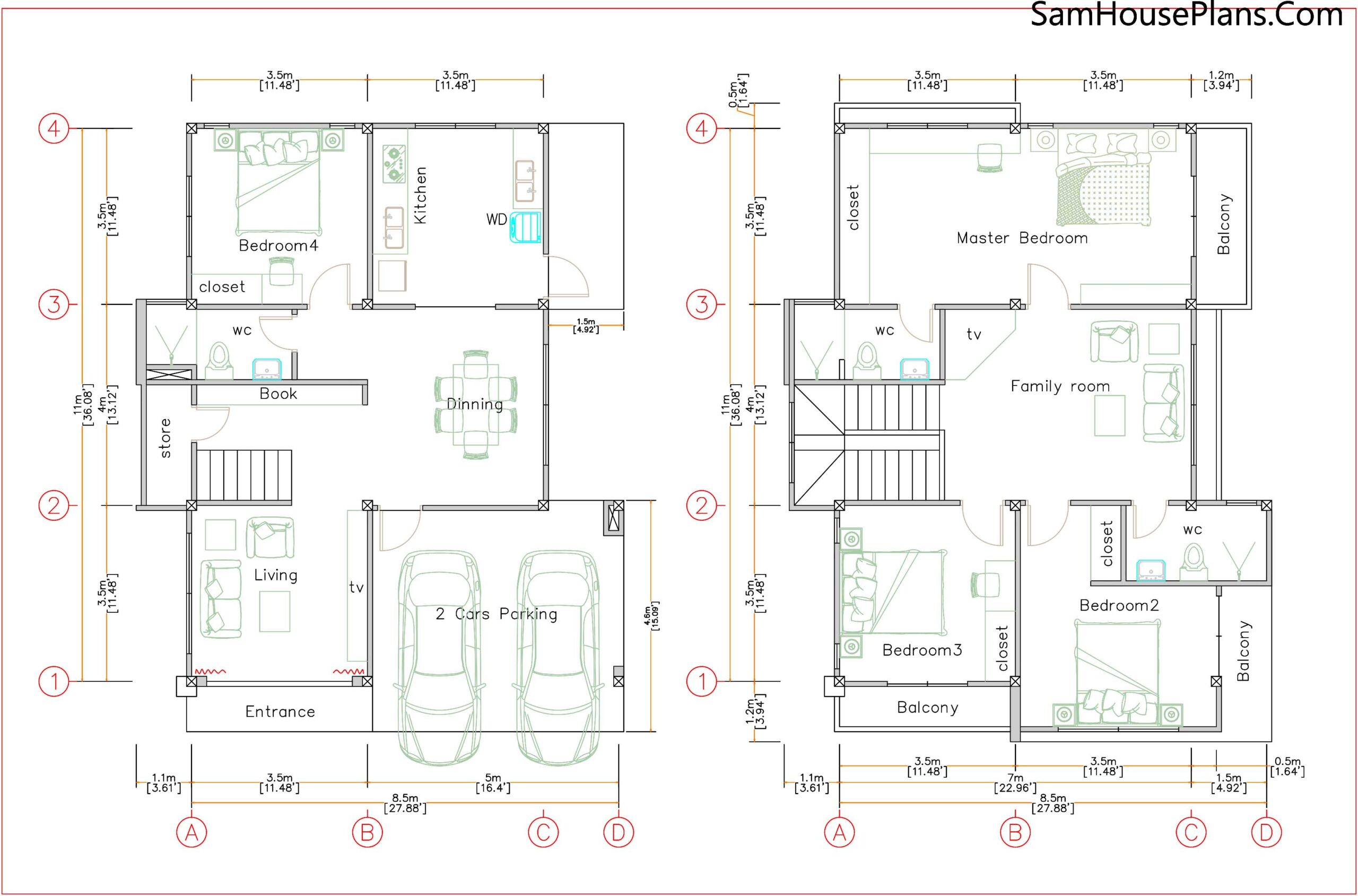 House Design Plans 8.5x11 with 4 Bedrooms PDF Full Plans floor plan
